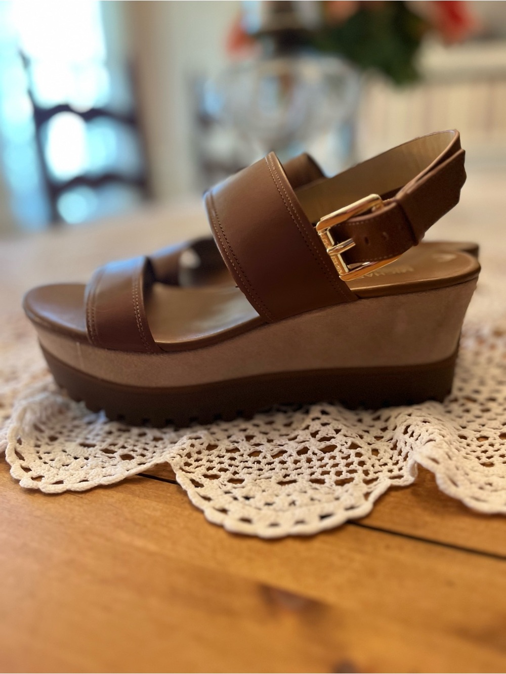 Michael Kors Tan Suede and Brown Leather Lug Platform Sandals with Gold Buckle - Picture 4 of 12